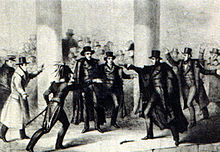 Richard Lawrence's attempt on Jackson's life, as depicted in an 1835 etching.