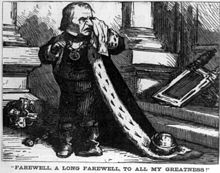"Farewell to all my greatness": Harper's Weekly cartoon mocking Johnson on leaving office
