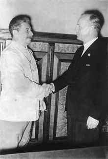Ribbentrop and Stalin at the signing of the Pact