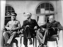 The Big Three: Stalin, U.S. President Franklin D. Roosevelt, and British Prime Minister Winston Churchill at the Tehran Conference, November 1943.