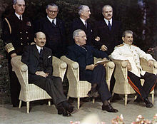 British Prime Minister Clement Attlee, U.S. President Harry S. Truman and Joseph Stalin at the Potsdam Conference, July 1945.