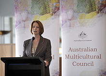 Gillard speaking at the launch of the Australian Multicultural Council in August 2011