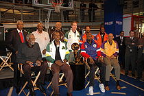 Abdul-Jabbar (below right) and other former NBA players visit the New York NBA Store in January 2005