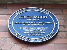 Keith Moon's blue plaque, at London's 90 Wardour Street, W1 Soho (Marquee Club).