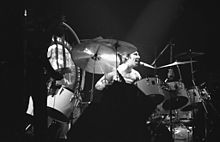 Moon singing at the Maple Leaf Gardens, Toronto. Though not a strong vocalist, he liked singing and attempted to do so where possible.