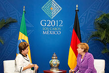Angela Merkel with President of Brazil Dilma Rousseff at the G-20 meeting in 2012, Mexico.