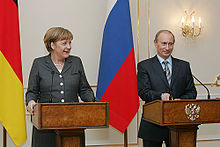 Merkel and Vladimir Putin, then Prime Minister of Russia, holding a joint press conference, March 8, 2008.