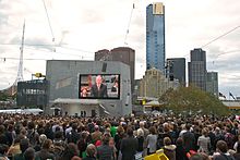 Kevin Rudd on television in Federation Square, Melbourne, apologising to the stolen generations.