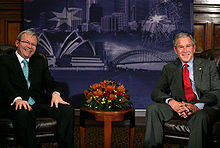 Rudd (left) and US President George W. Bush (right) meet at APEC Australia 2007 in Sydney.
