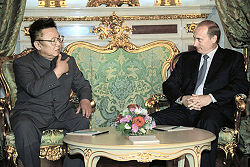 Kim Jong-il talking with Vladimir Putin during their 2001 meeting