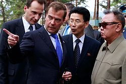 Kim with Russian President Dmitry Medvedev in Sosnovy-Bor Military garrison, Zaigrayevsky District Buriatya on 24 August 2011.