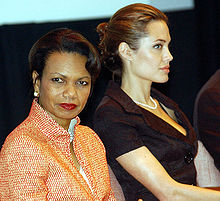 Secretary of State Condoleezza Rice and Jolie at World Refugee Day in 2005