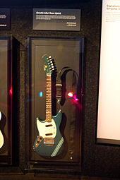 The Fender Mustang Lake Placid Blue guitars played by Kurt Cobain during the filming of the video, shown at the Seattle Experience Music Project.