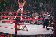 Angle performing a moonsault on Jeff Jarrett at Bound for Glory IV