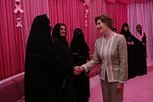 Bush meets with women in the Pink Majilis in Abu Dhabi, United Arab Emirates to discuss cures for breast cancer in the Middle East, October 22, 2007