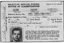 Fake Selective Service System (draft) card in the name of "Alek James Hidell", found on Oswald when arrested. "A. Hidell" was the name used on both envelope and order slip to buy the alleged murder weapon (see CE 773),[168] and "A. J. Hidell" was the alternate name on the New Orleans post office box rented June 11, 1963, by Oswald.[169] Both the alleged murder weapon and the pistol in Oswald's possession at arrest had earlier been shipped (at separate times) to Oswald's Dallas P.O. Box 2915, as ordered by "A. J. Hidell".[170]