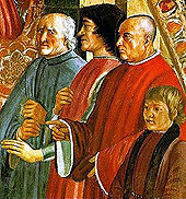 Lorenzo de' Medici between Antonio Pucci and Francesco Sassetti, with Giulio de' Medici, fresco by Ghirlandaio