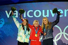 From left to right: Tina Maze of Slovenia (silver), Andrea Fischbacher of Austria (gold), and Lindsey Vonn of the U.S. (bronze) with the medals they earned in the super-G.