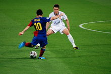 Messi in action against Manchester United in the 2009 UEFA Champions League Final