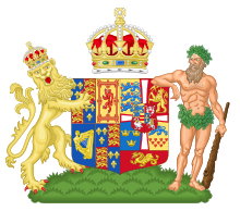 Anne of Denmark's Coat of Arms.[38] Depicting the Royal Coat of Arms of England, Scotland and Ireland impaled with her father's arms as King of Denmark. The shield is surmounted by a crown, and supported by a lion and a savage.[39]