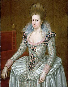 Anne of Denmark, c. 1605, by John de Critz. "Her features were not regular but her complexion was extremely fair and she had the finest neck that could be seen, which she took care it should be."[66]