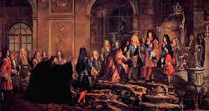 Louis receiving the Doge of Genoa at Versailles on 15 May 1685, following the Bombardment of Genoa. (Reparation faite à Louis XIV par le Doge de Gênes. 15 mai 1685 by Claude Guy Halle, Versailles.)