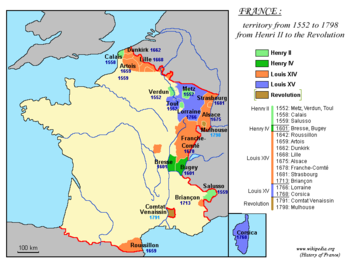 Territorial expansion of France under Louis XIV (1643–1715) is depicted in orange.