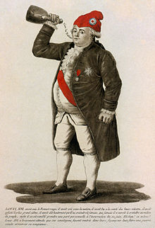 Tinted etching of Louis XVI, 1792. The caption refers to the date of the Tennis Court Oath and concludes "The same Louis XVI who bravely waits until his fellow citizens return to their hearths to plan a secret war and exact his revenge."