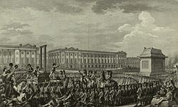 Execution of Louis XVI in the Place de la Révolution. The empty pedestal in front of him had supported a statue of his grandfather, Louis XV, now torn down during the revolution.