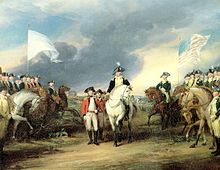 Surrender of Cornwallis to French (left) and American (right) troops, at the Siege of Yorktown in 1781, by John Trumbull.