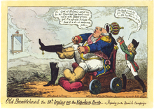 Old Bumblehead the 18th trying on the Napoleon Boots – or, Preparing for the Spanish Campaign, by George Cruikshank, mocked the French Intervention in Spain.