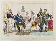 The Royal Family. From left to right: Charles, comte d'Artois, Louis XVIII, Marie Caroline, duchesse de Berry, Marie Thérèse, duchesse d'Angoulême, Louis Antoine, duc d'Angoulême and Charles Ferdinand, duc de Berry.