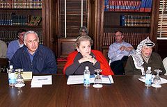 Albright with Benjamin Netanyahu (left) and Yasser Arafat at the Wye River Memorandum, 1998.