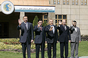 Participants of the second Caspian Summit. From left to right: President of Azerbaijan Ilham Aliev, President of Turkmenistan Gurbanguly Berdymukhammedov, President of Kazakhstan Nursultan Nazarbaev, President of Russia Vladimir Putin and President of Iran Mahmoud Ahmadinejad.