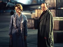 Isabella Rossellini and Sir Anthony Hopkins in Berlin to shoot scenes for The Innocent (1993).