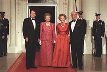 The Thatchers with the Reagans standing at the North Portico of the White House before a state dinner, 16 November 1988