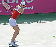 Sharapova playing for the Russian Fed Cup team against Israel in 2008.
