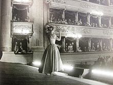 Callas bowing after a successful performance in Bellini's La Sonnambula at La Scala, 1957