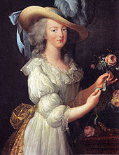 Marie Antoinette en chemise, portrait of the queen in a "muslin" dress, by Élisabeth Vigée-Lebrun (1783). This controversial portrait was viewed by her critics to be improper for a queen.