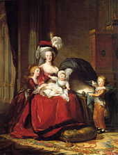 This State Portrait by Élisabeth Vigée-Lebrun (1787) of Marie Antoinette and her children Marie Thérèse, Louis Charles (on her lap), and Louis Joseph, was meant to help her reputation by depicting her as a mother and in simple, yet stately attire.