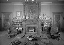 Library of Twain House, with hand-stenciled paneling, fireplaces from India, embossed wallpapers, and hand-carved mantel purchased in Scotland