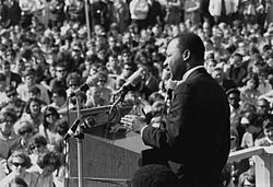 King speaking to an anti-Vietnam war rally at the University of Minnesota, St. Paul on April 27, 1967