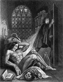 The frontispiece to the 1831 Frankenstein by Theodor von Holst, one of the first two illustrations for the novel[178]