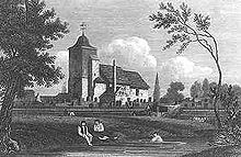 On 26 June 1814, Mary Godwin declared her love for Percy Shelley at Mary Wollstonecraft's graveside in the cemetery of St Pancras Old Church (shown here in 1815).[22]