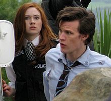 Matt Smith as Eleventh Doctor, with Karen Gillan as Amy Pond, filming in 2009