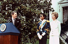 Jackson at the White House being presented with an award by President Ronald Reagan and first lady Nancy Reagan, 1984