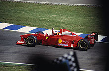 Schumacher celebrates a second place finish at the 1997 German Grand Prix.