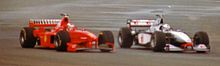 Schumacher battles with David Coulthard at the 1998 British Grand Prix.