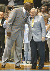Michael Jordan and Dean Smith at a University of North Carolina game honoring the 1957 and 1982 men's basketball teams.
