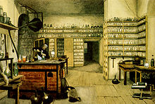 Michael Faraday in his laboratory, ca. 1850s by artist Harriet Jane Moore who documented Faraday's life in watercolours.